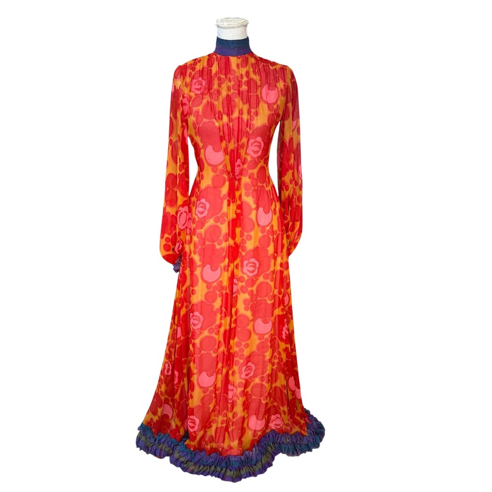 Revolution Vintage Psychedelic Floral Maxi Dress Red Orange Pink Ruffle Hem S